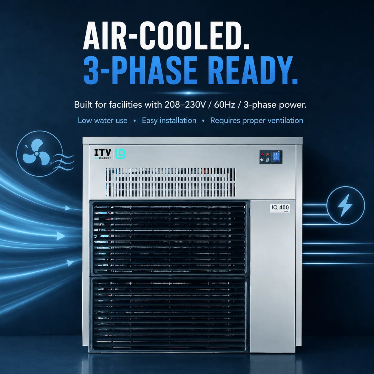 An air-cooled 3-phase ready ITV IQ Q2 400 industrial chiller unit shown against a dark blue background with graphic airflow and power icons, plus marketing text at the top.