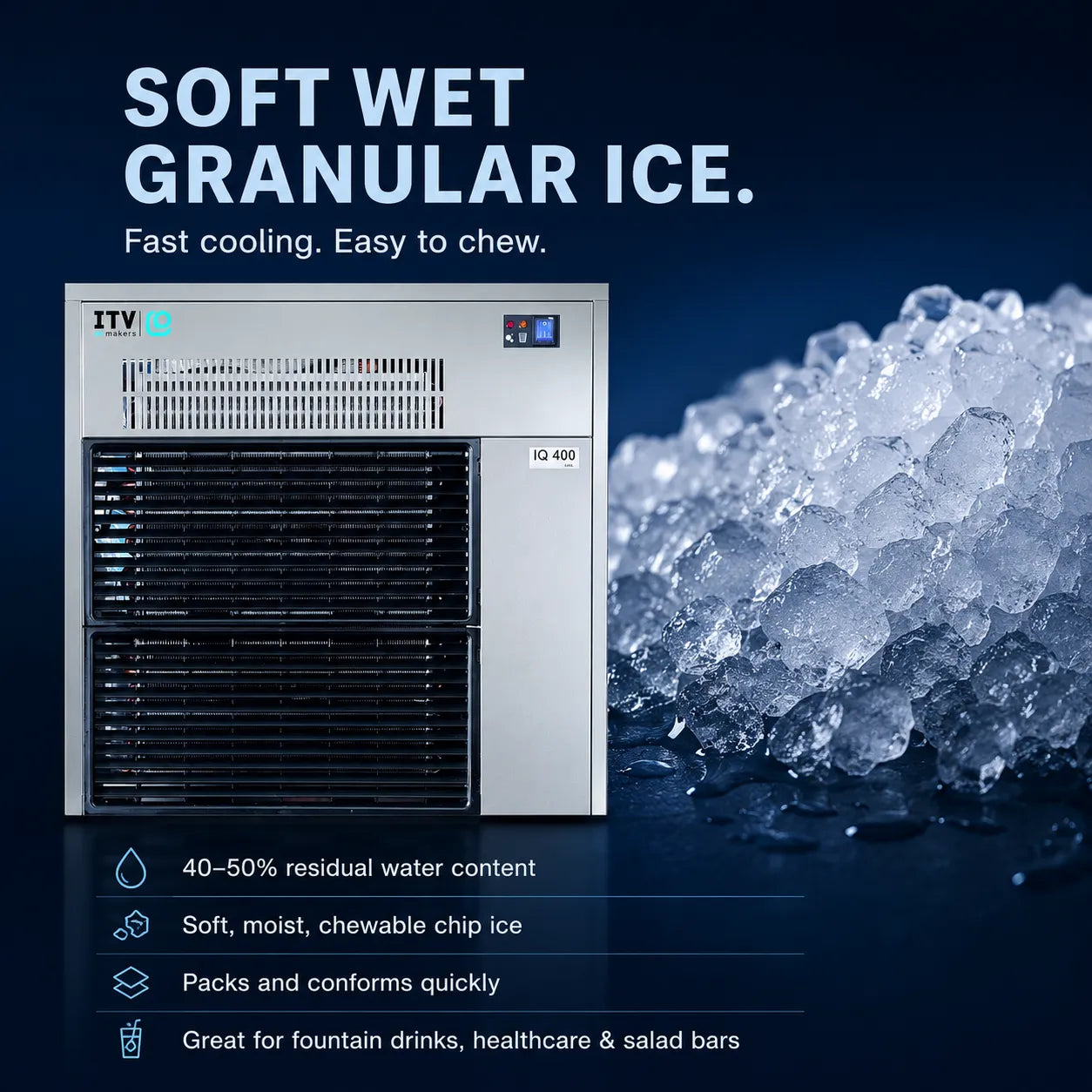 An ITV wet granular ice machine shown on a dark blue promotional background with large text reading 'SOFT WET GRANULAR ICE.' and a pile of translucent ice crystals on the right.