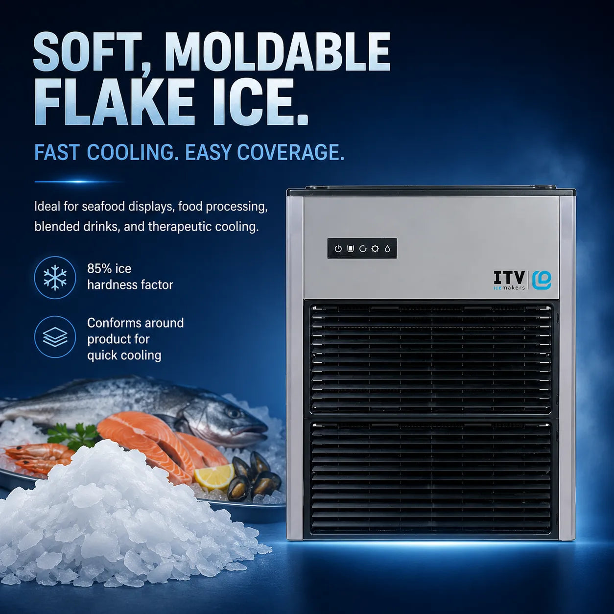 ITV IceStream soft, moldable flake ice machine shown on a dark blue promotional background with text callouts and a pile of crushed ice plus seafood imagery.