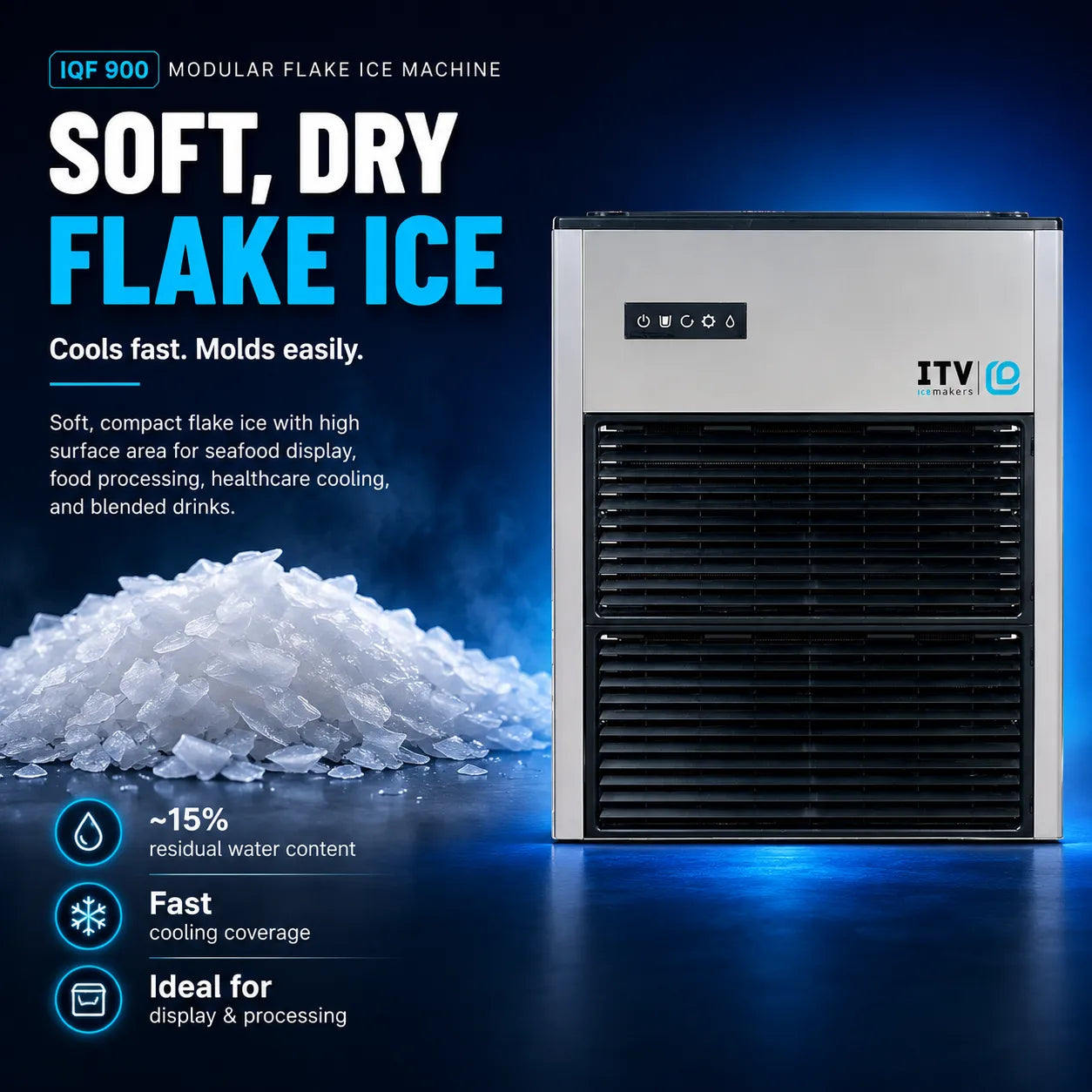 ITV Ice QF 900 modular flake ice machine shown on a dark blue promotional background with text callouts and a pile of ice cubes. The machine is silver and black with the ITV Ice logo visible on the front.