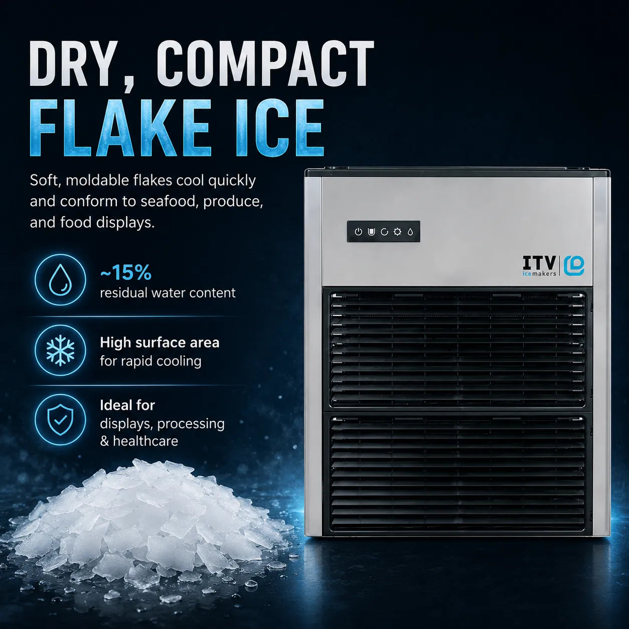 A compact countertop ice machine with a brushed silver front and black lower grille, shown on a dark blue promotional background with text calling it 'DRY, COMPACT FLAKE ICE' and a pile of ice at the bottom left. The brand name ITV ice is visible on the upper right of the machine.