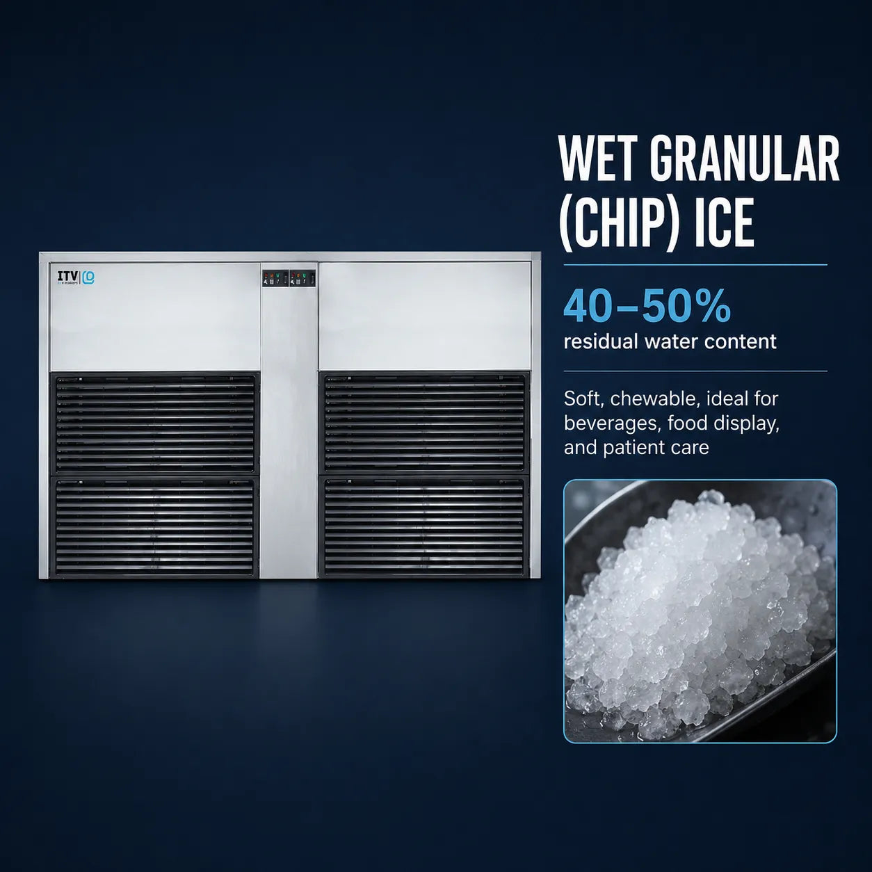 A stainless steel and black wet granular ice machine on a dark blue background, with text describing wet granular (chip) ice and a small inset photo of white granular ice.