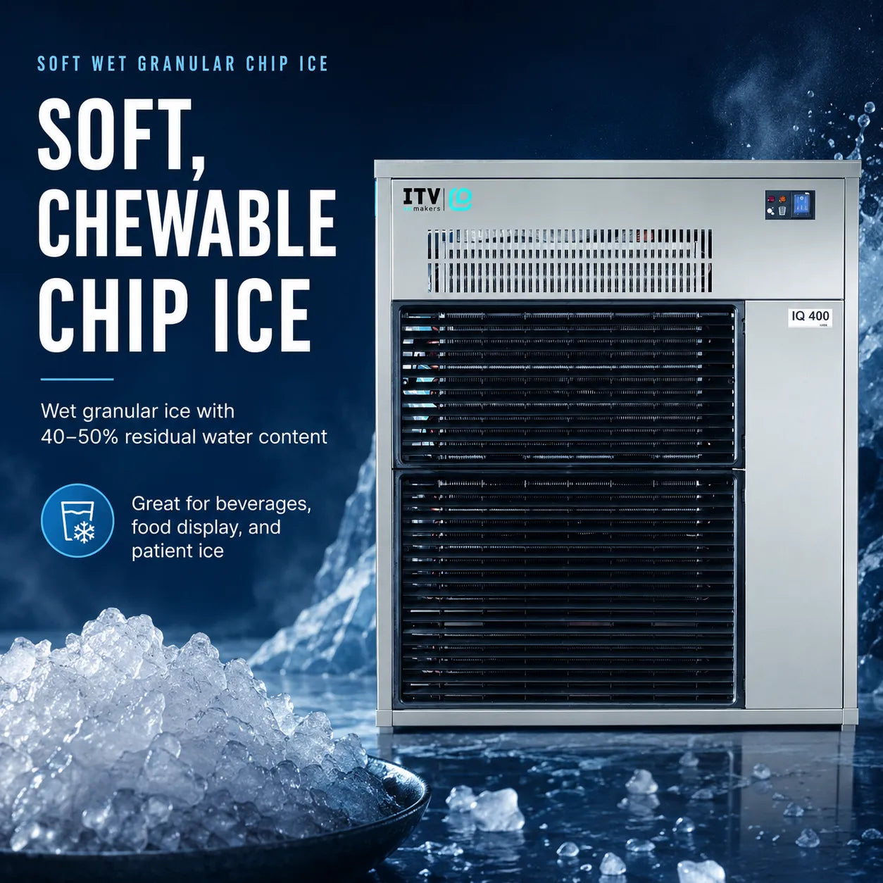 A silver and black ITV ID 400 wet granular chip ice machine shown on a dark blue water-themed background with text reading 'SOFT, CHEWABLE CHIP ICE' and a bowl of crushed ice in the foreground.
