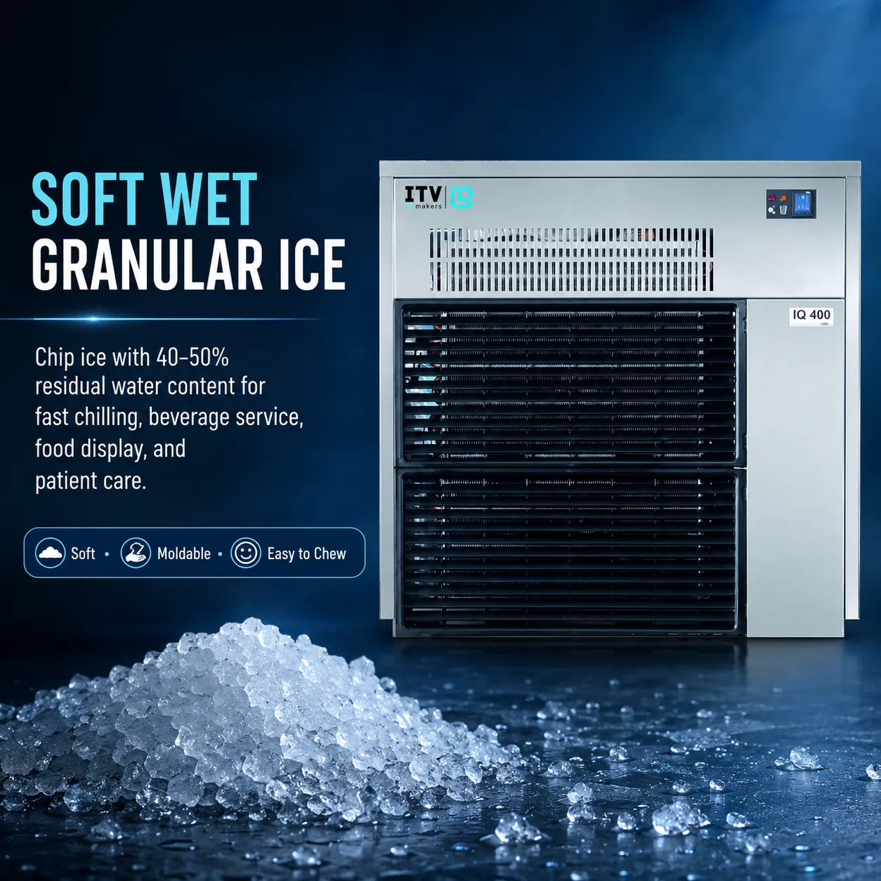 A stainless steel commercial ice machine labeled ITV IQ 400, shown on a dark blue background with a pile of crushed wet granular ice in the foreground and marketing text on the left.