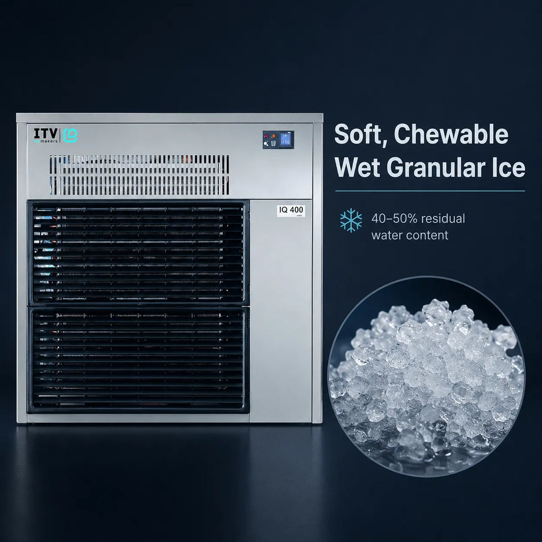 Front view of the ITV IQ 1300 A air-cooled modular granular chip ice machine head, rated at up to 1,430 lb/day.