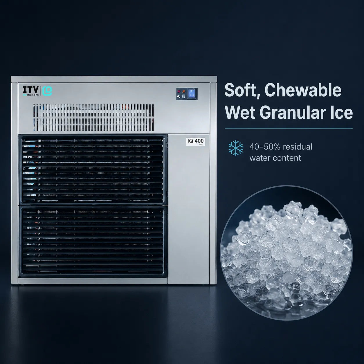 ITV ID 400 wet granular ice maker shown on a dark studio background, with text reading 'Soft, Chewable Wet Granular Ice' and a circular inset showing the ice cubes.