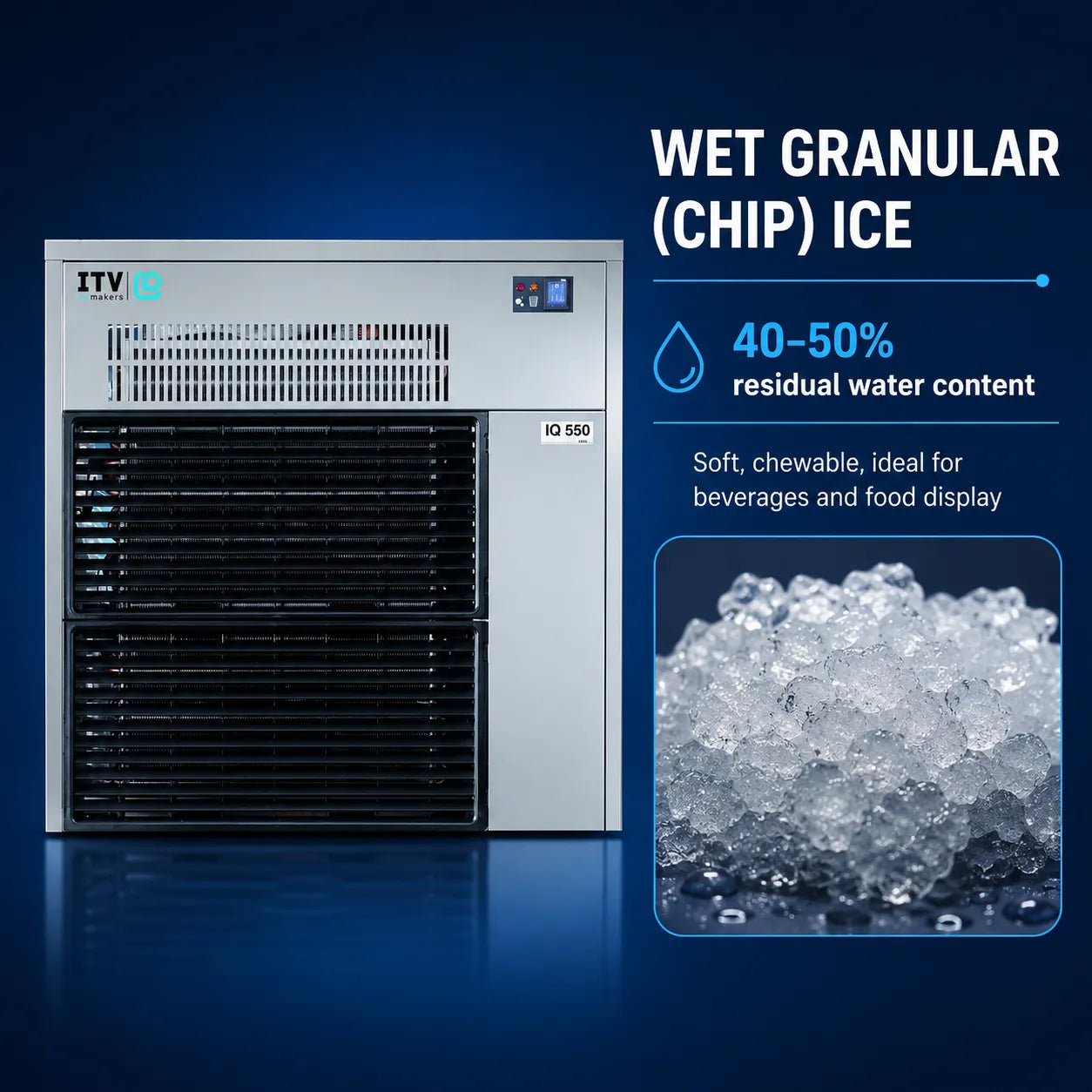 ITV I2 550 wet granular (chip) ice machine shown on a dark blue background with text highlighting 40-50% residual water content and a close-up inset of clear ice cubes.