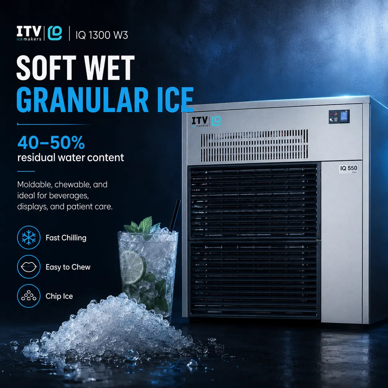 ITV IQ 550 soft wet granular ice machine shown next to a pile of crushed ice and a glass of mint julep on a dark blue background with promotional text.