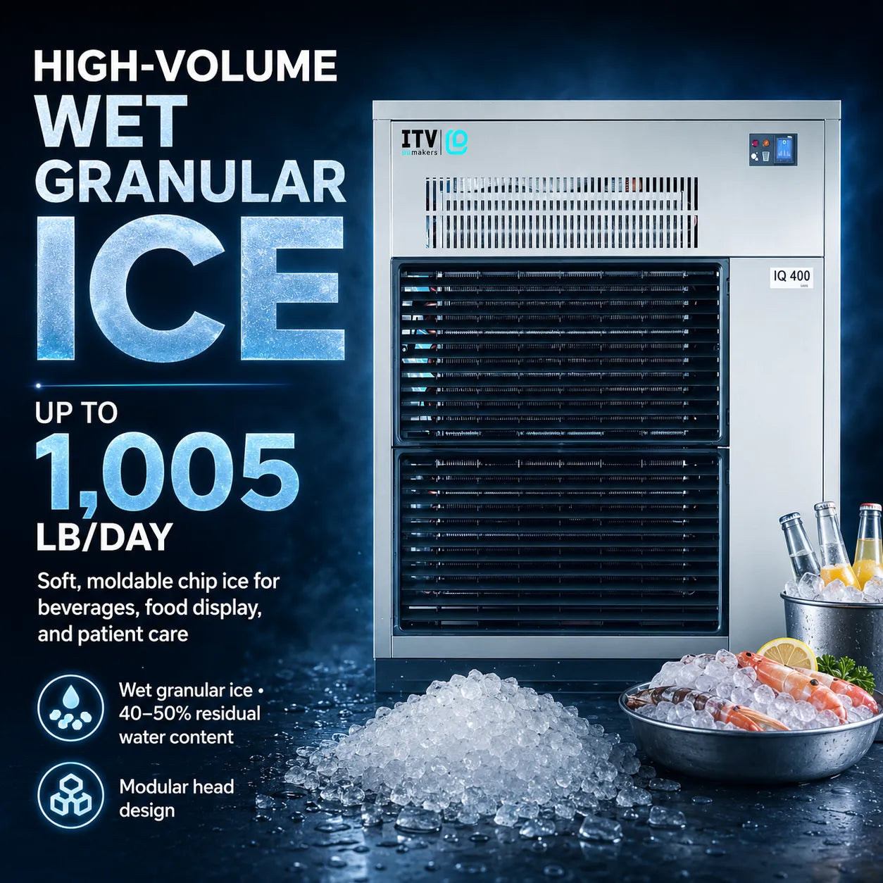 ITV R2 400 high-volume wet granular ice machine shown in a dark studio setup with promotional text on the left and ice bins on the right. The machine is silver and black, with scattered ice and bottles of water on a dark blue background.