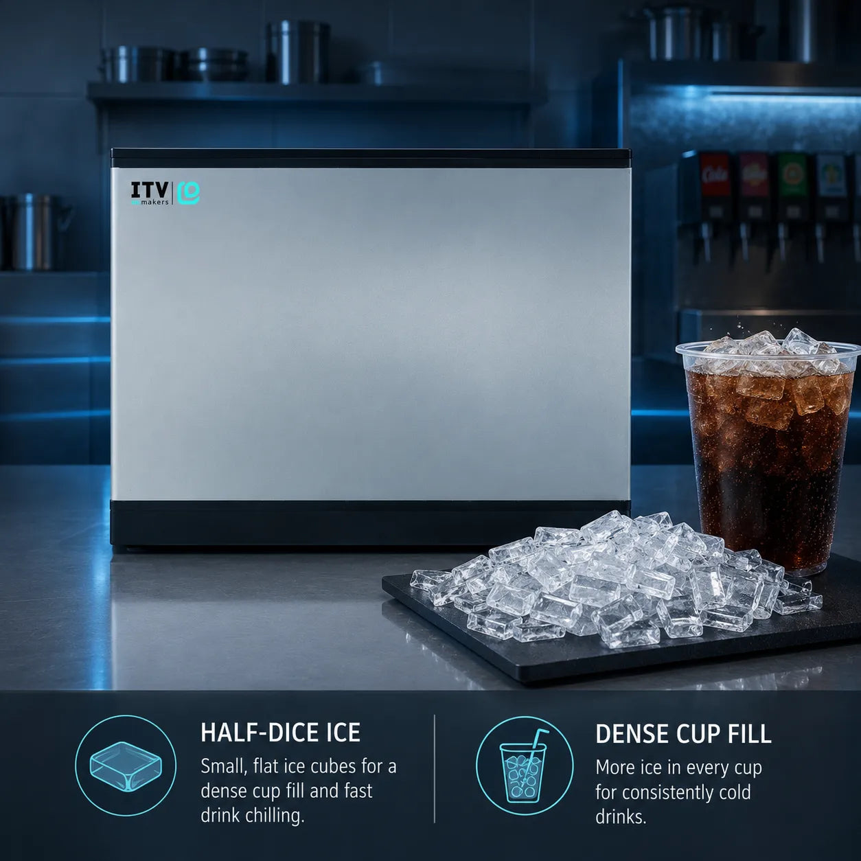 A stainless steel beverage ice maker machine with a black front panel and logo, shown on a dark countertop with a pile of clear half-diced ice and a clear cup filled with iced dark soda. Text overlays at the bottom describe half-dice ice and dense cup fill.