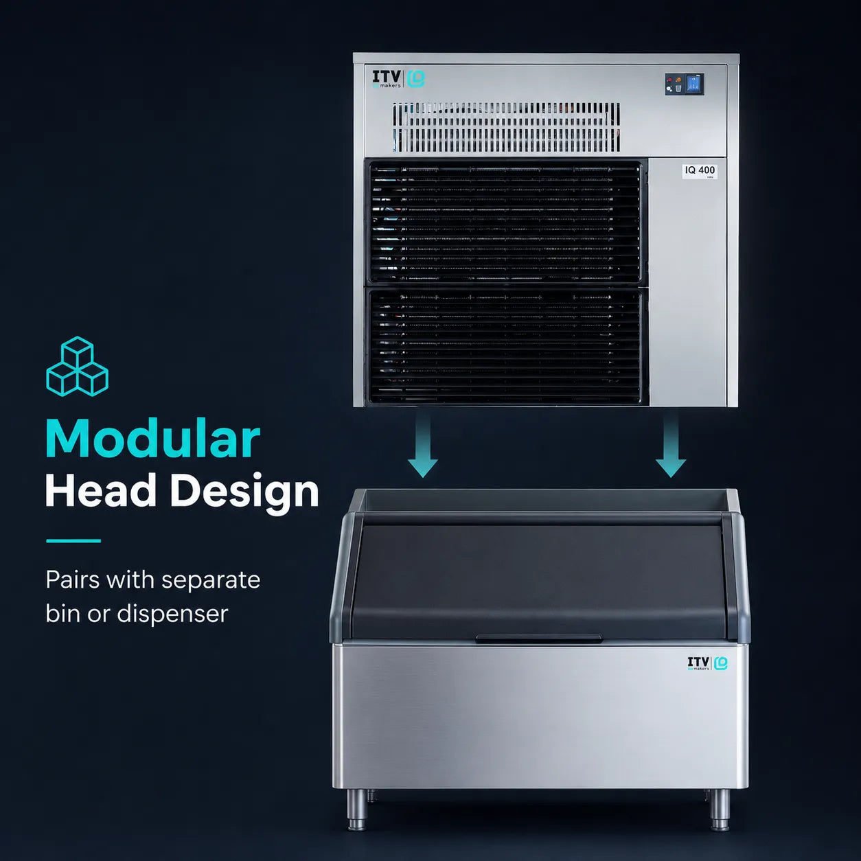 ITY 10 modular head design commercial ice machine shown with a separate dispensing bin below, on a dark blue background with text reading 'Modular Head Design' and 'Pairs with separate bin or dispenser.'.
