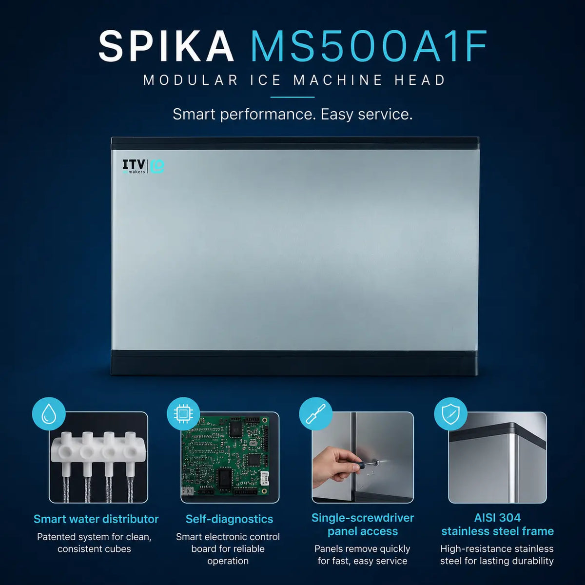 SPIKA MS500A1F modular ice machine head in a brushed silver finish with a black base, shown on a dark blue background with feature callouts and icons.
