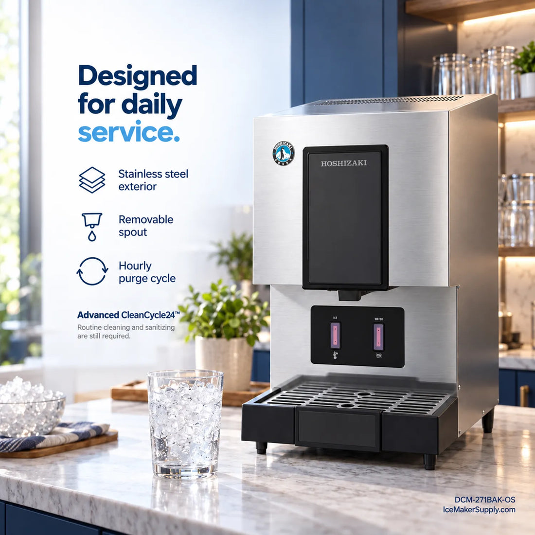 A commercial Hoshizaki ice machine with a brushed stainless steel body, black front panel, and black drip tray, shown on a plain white background.