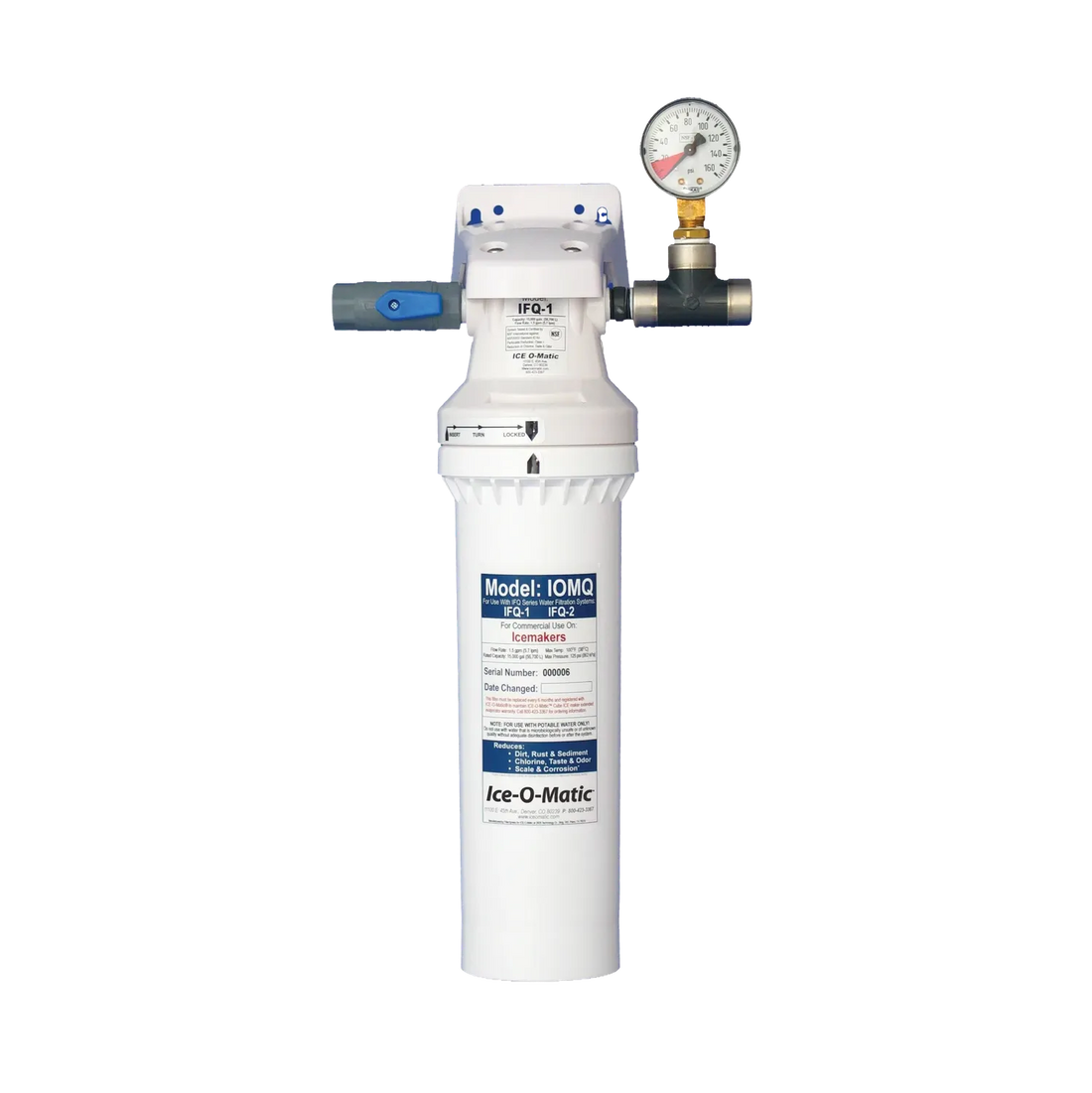 An Ice-Q-Matic reverse osmosis water filter with a white cylindrical body, a white top housing, a brass pressure gauge, and blue and gray valve components, shown on a plain white background.