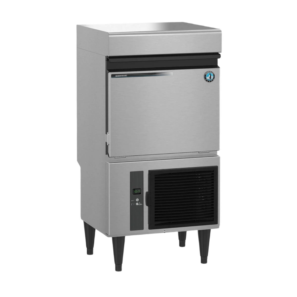 A commercial countertop ice machine with a brushed stainless steel body, black front trim, black legs, and a black vented condenser panel on the lower section, shown on a plain white background.