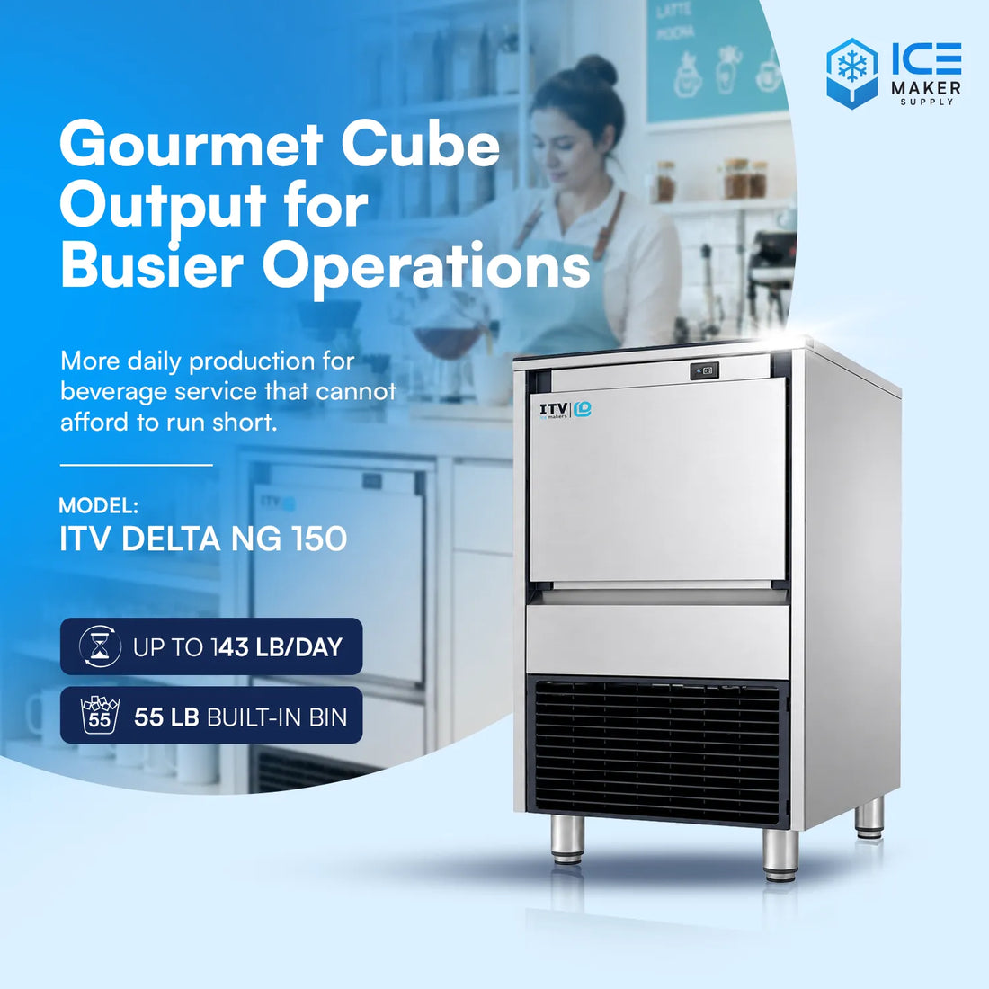 Front view of the ITV DELTA NG 150 air-cooled gourmet cube undercounter ice machine, rated at 143 lb/day.