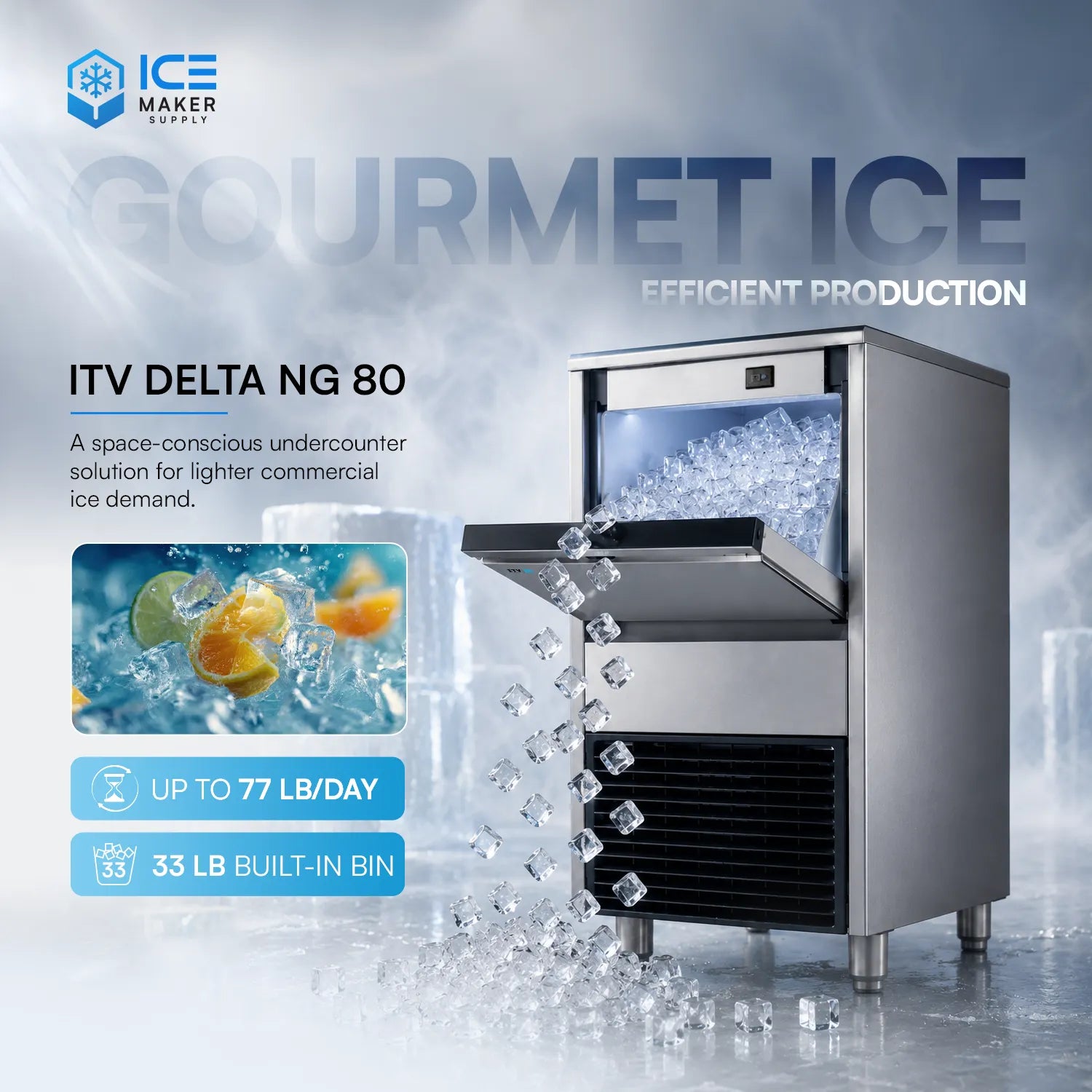 Gourmet ice maker with ice production details and images of ice cubes and fruits.