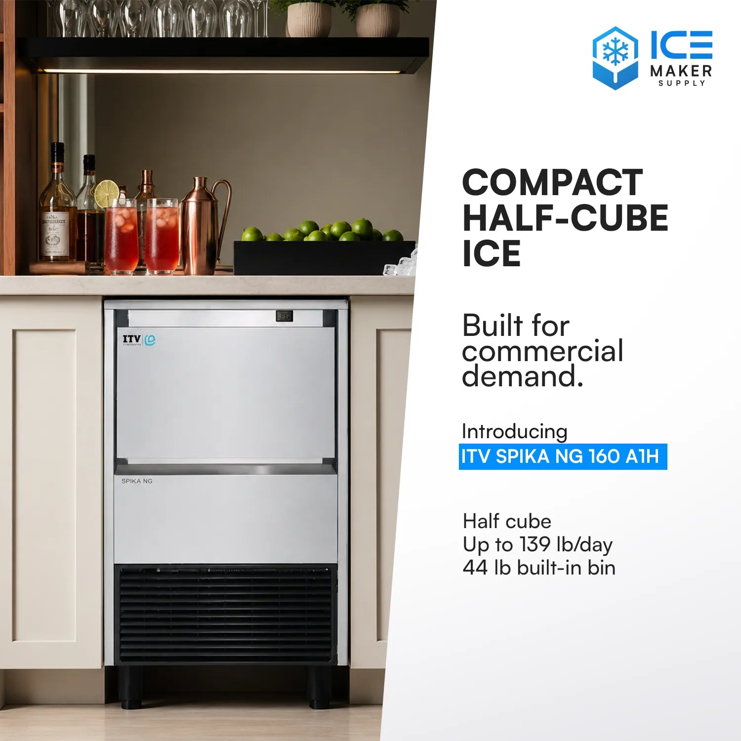 Ice maker with text about compact half-cube ice production capacity in a kitchen setting.