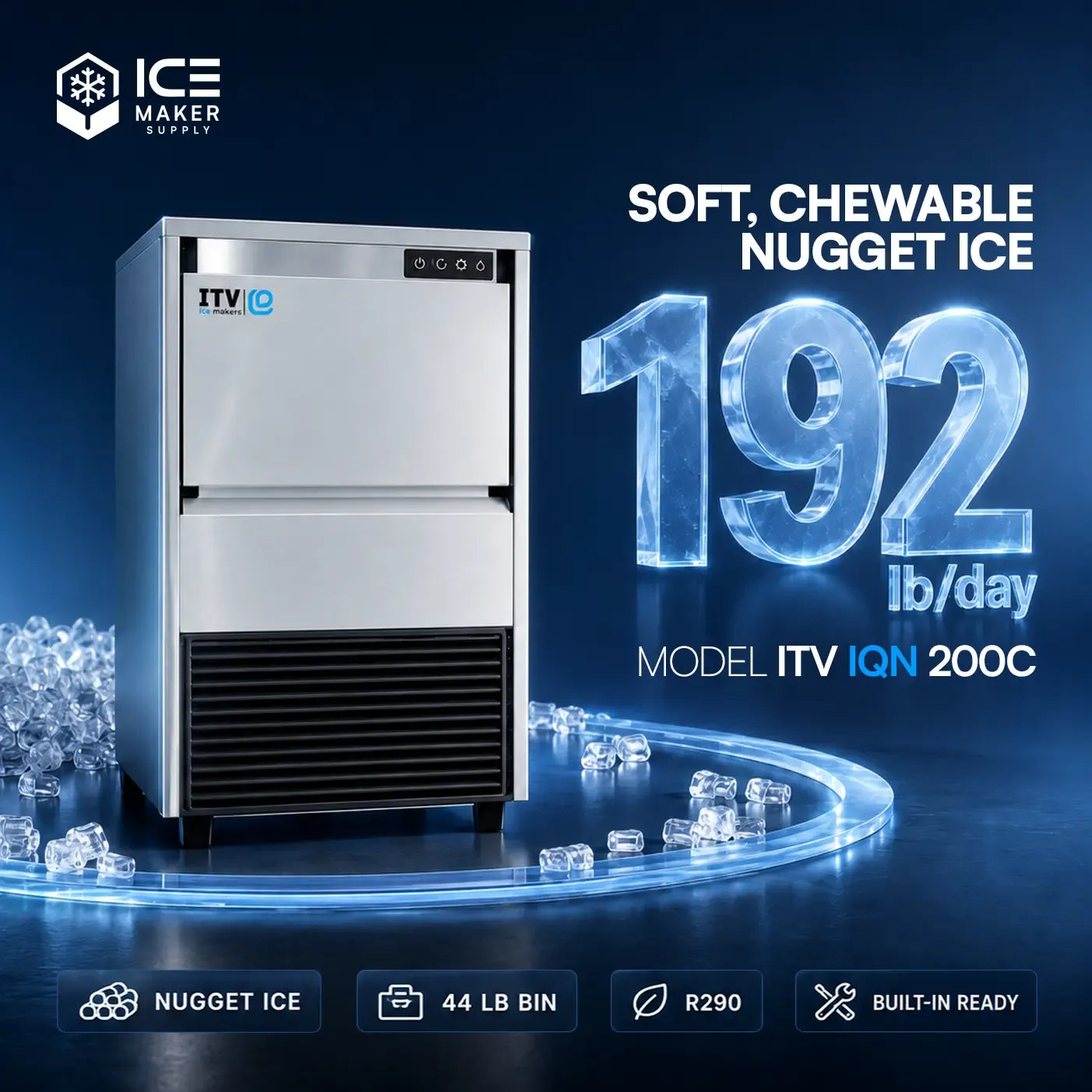 Ice maker with ice production details on a dark blue background