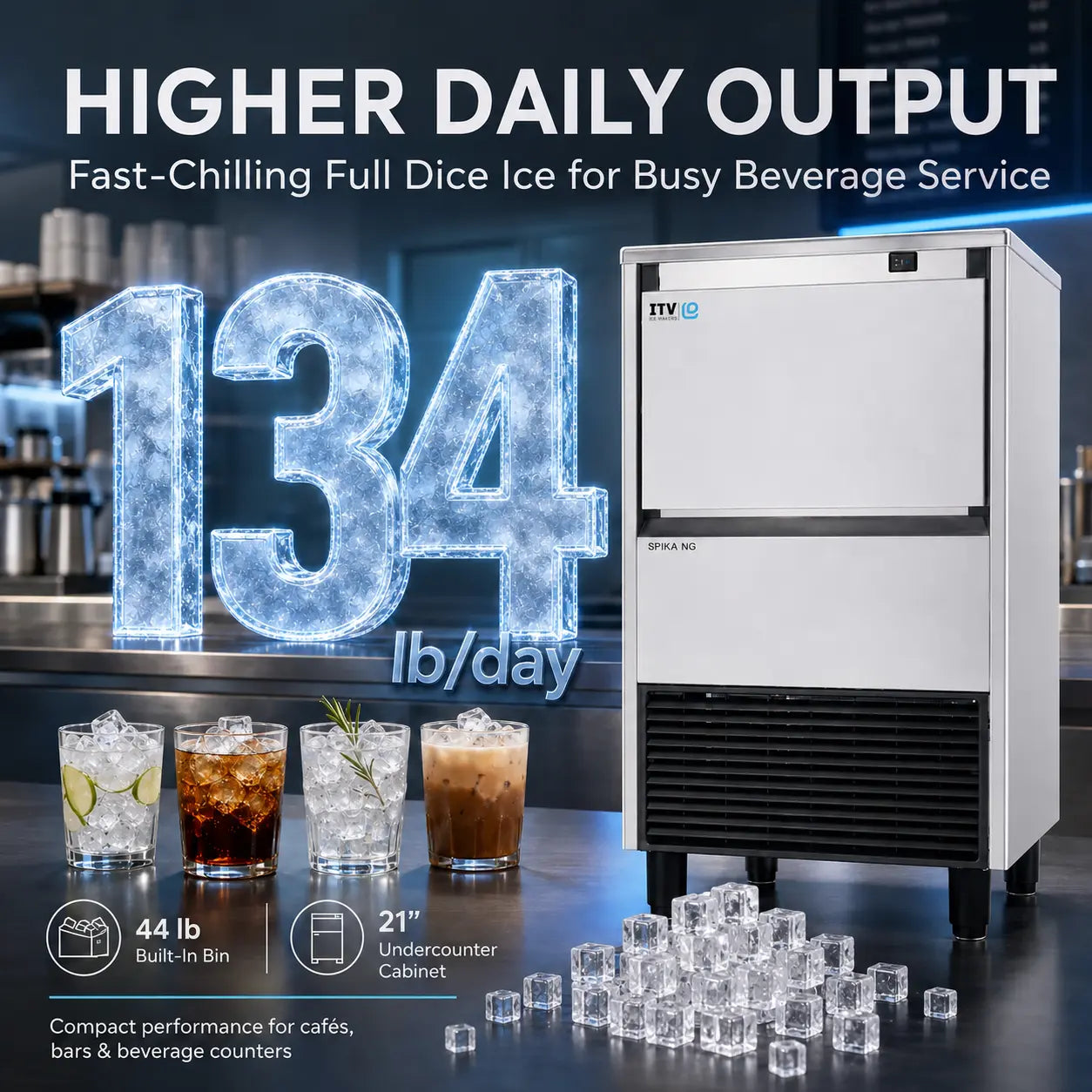 ITV SPIKA NG 130 A1F Undercounter Ice Machine - 134 lb/Day Full Dice Cube with 44 lb Bin, 21 inches Air-Cooled Commercial