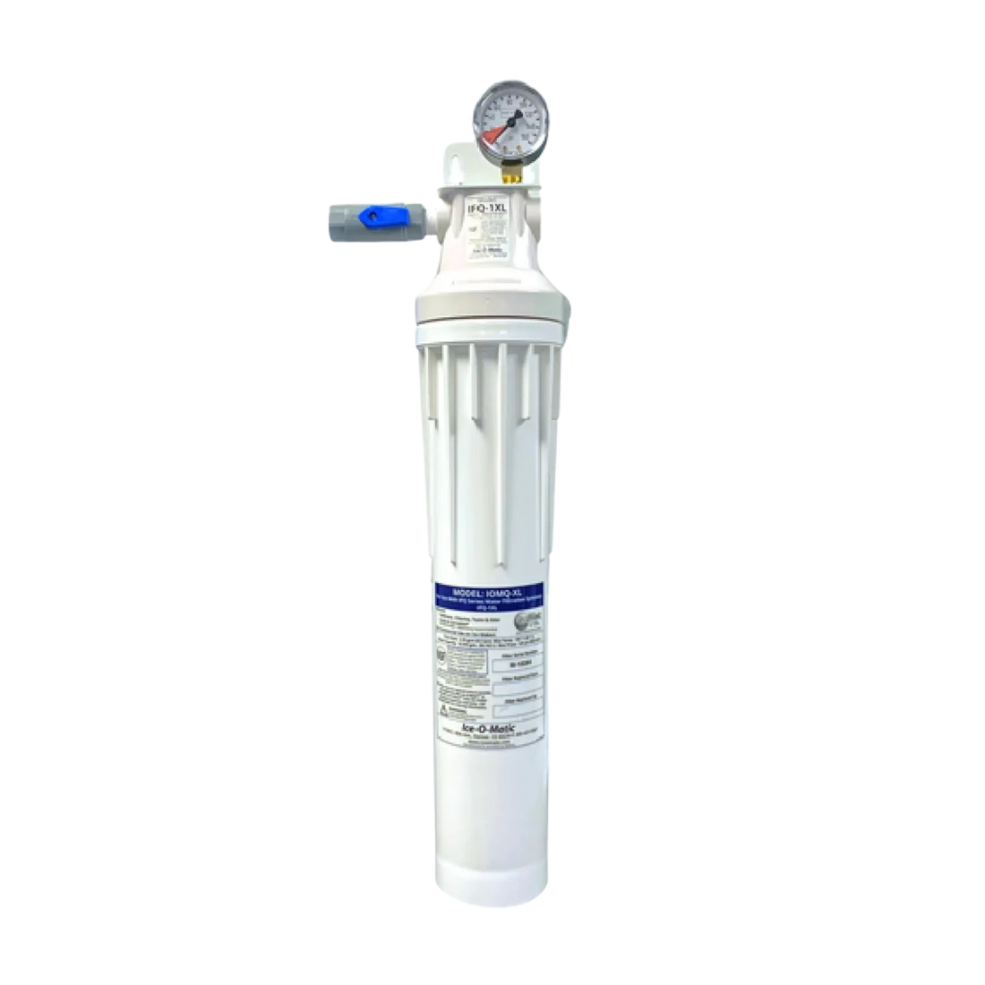 A white water filter cartridge with a pressure gauge, blue and gray valve components, and a detailed label, isolated on a white background.