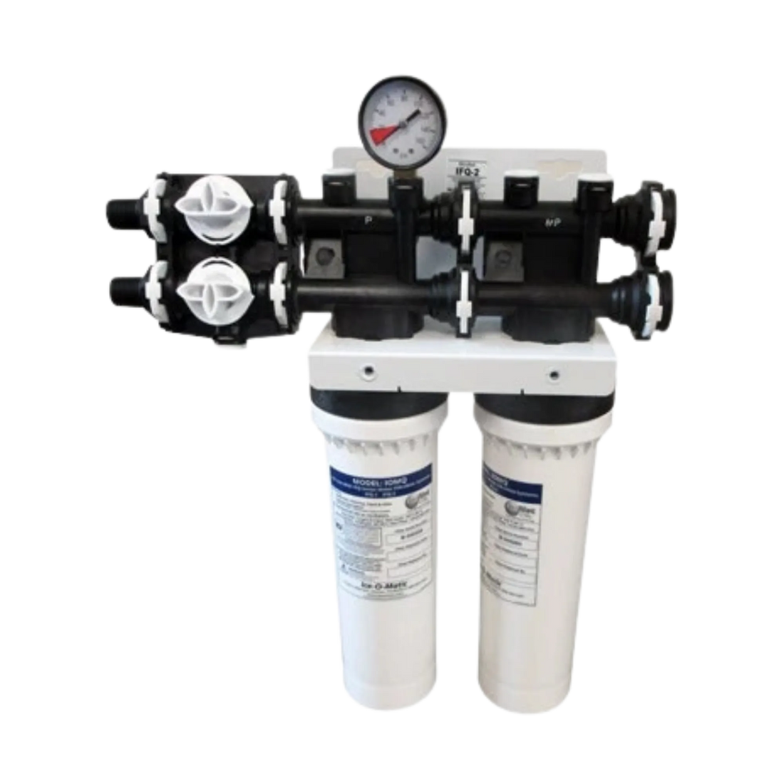 A water filtration system with two white filter canisters, a black and white pump assembly, and a pressure gauge on top, isolated on a white background.
