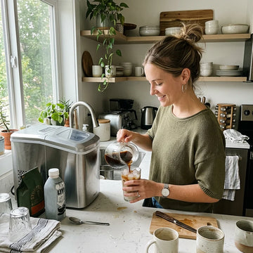 Woman making a coffee drink in a kitchen with various items on the counter.