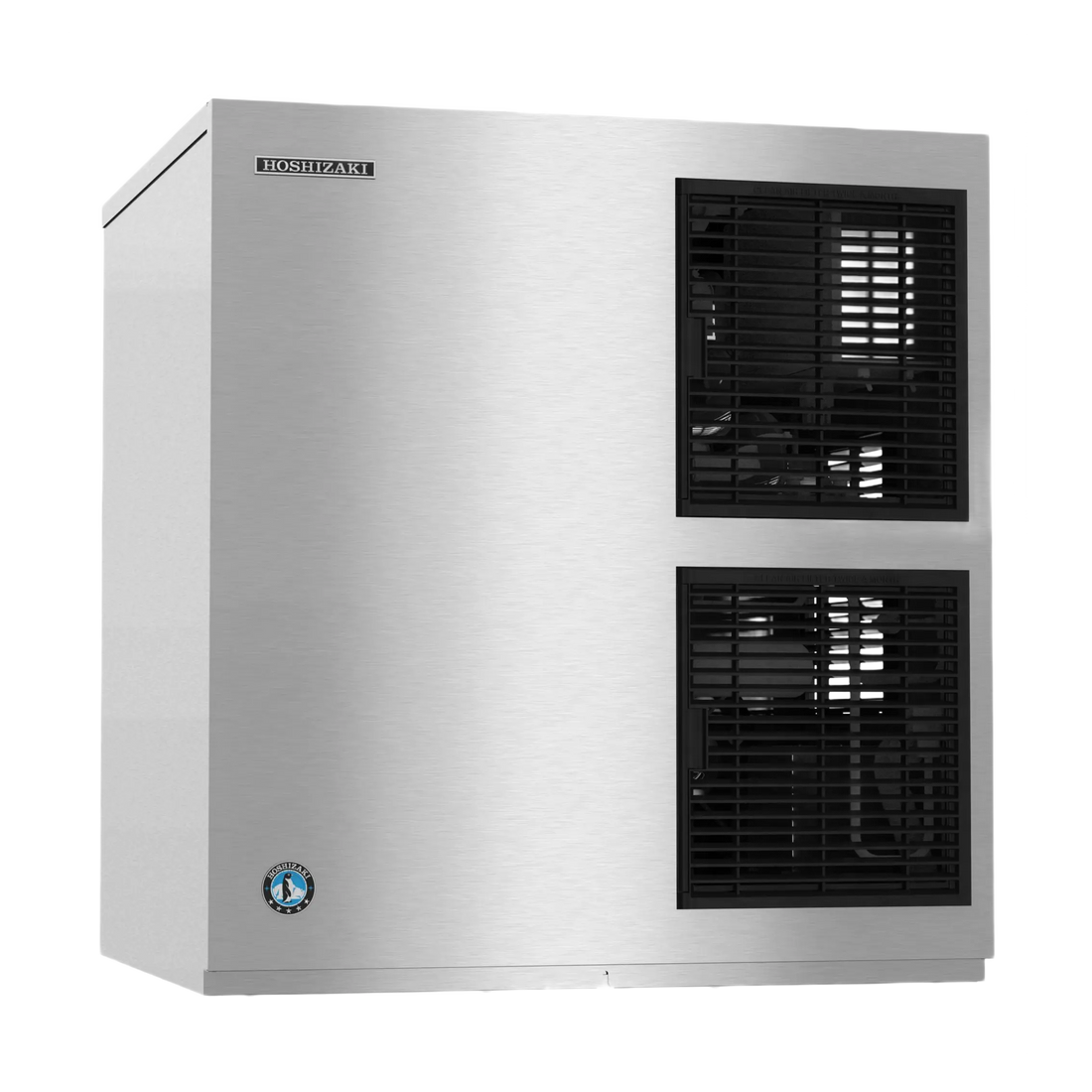A stainless steel commercial ice machine with two black front ventilation grilles and a small brand badge near the top left corner.