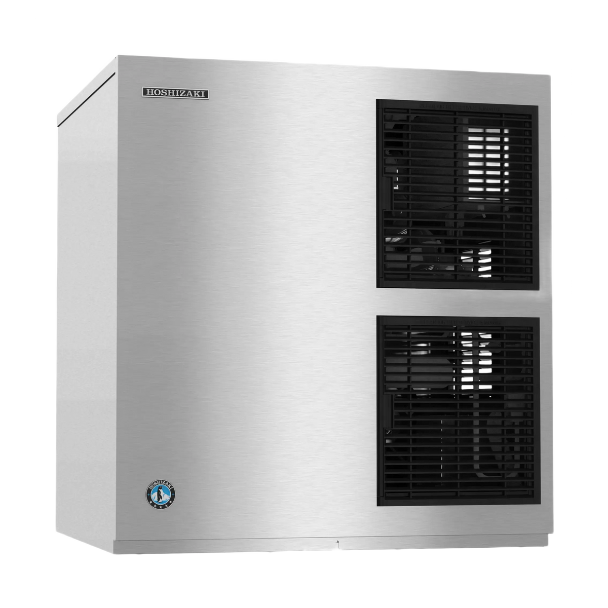 A stainless steel commercial ice machine with two black front ventilation grilles and a small brand badge near the top left corner.