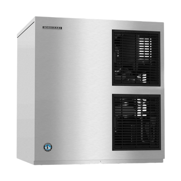 A stainless steel commercial ice machine with two black front ventilation grilles and a small brand badge near the top left corner.