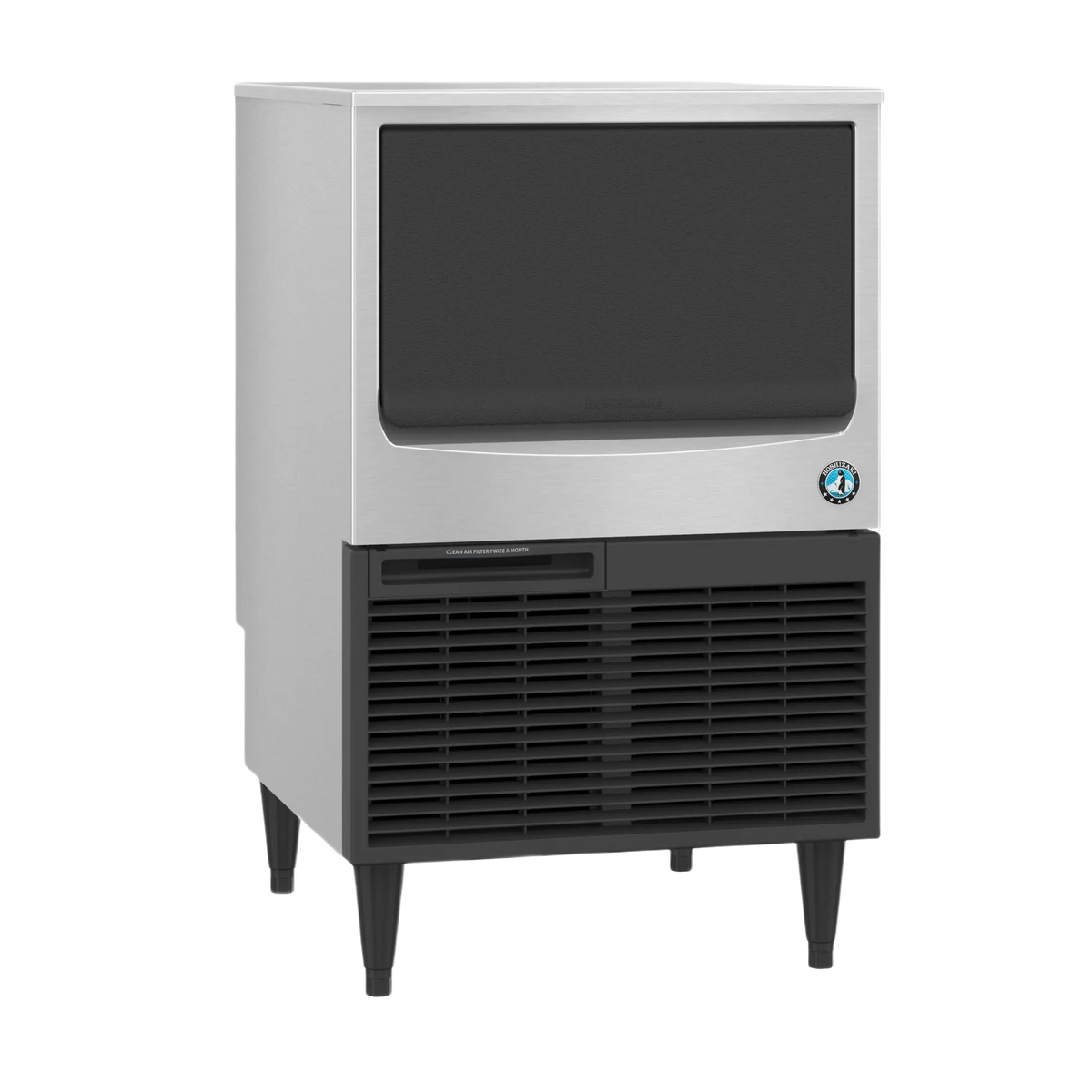 A commercial ice machine with a brushed silver stainless steel body, black front display window, black lower vented base, and dark legs, shown on a plain white background.