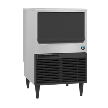 A commercial ice machine with a brushed silver stainless steel body, black front display window, black lower vented base, and dark legs, shown on a plain white background.