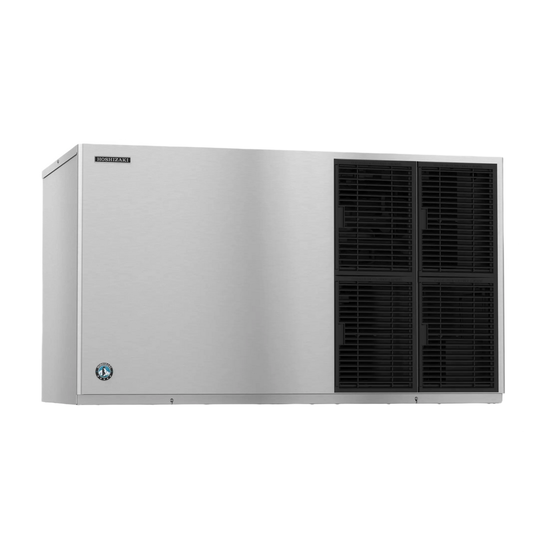 A stainless steel commercial ice machine with black front ventilation grilles on the right side, shown against a plain white background.