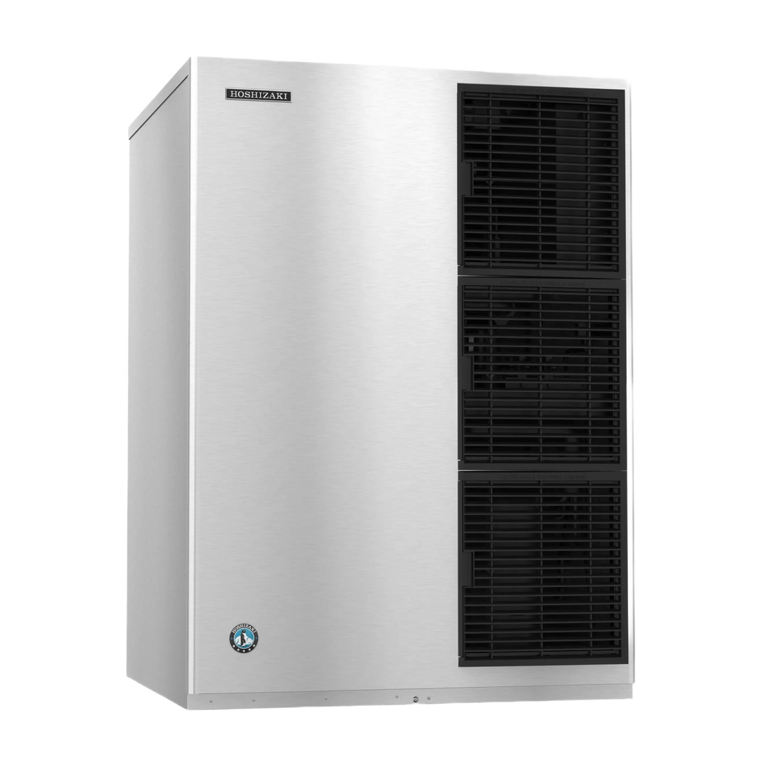 A commercial ice machine by Fortitude, featuring a brushed stainless steel exterior with a large black front-facing cooling grille on the right side and a small circular logo badge near the bottom left corner.