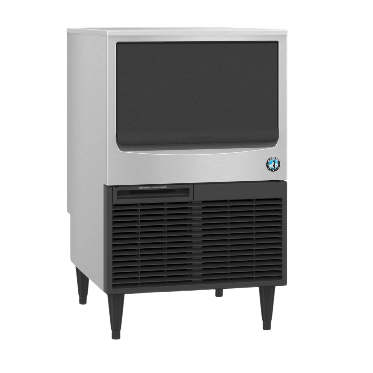 A commercial ice machine with a stainless steel body, black front grille, and black legs, shown against a plain white background.