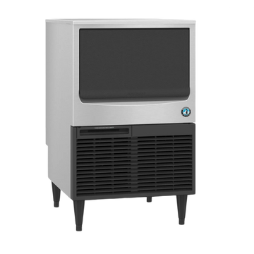 A commercial ice machine with a stainless steel body, black front grille, and black legs, shown against a plain white background.
