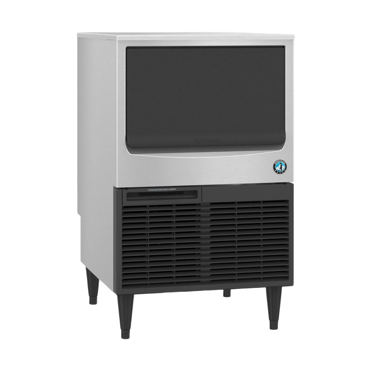 A commercial ice machine with a brushed silver metal front, a large black ice compartment window, a black vented lower section, and dark legs, shown on a plain white background.