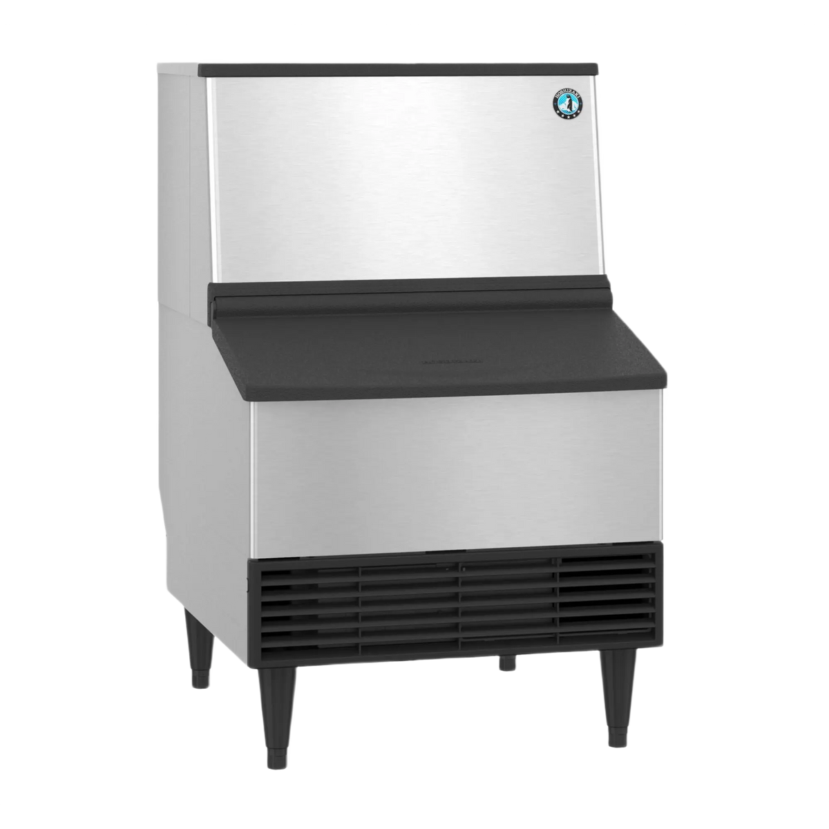 A commercial ice machine with a brushed stainless steel body, black top and front apron, black legs, and a small circular blue logo badge on the upper right front panel, shown on a plain white background.