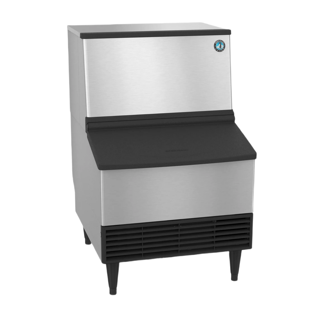 A commercial ice machine with a brushed stainless steel body and black plastic components, including the top lid, front chute, legs, and vent grille, shown on a plain white background.