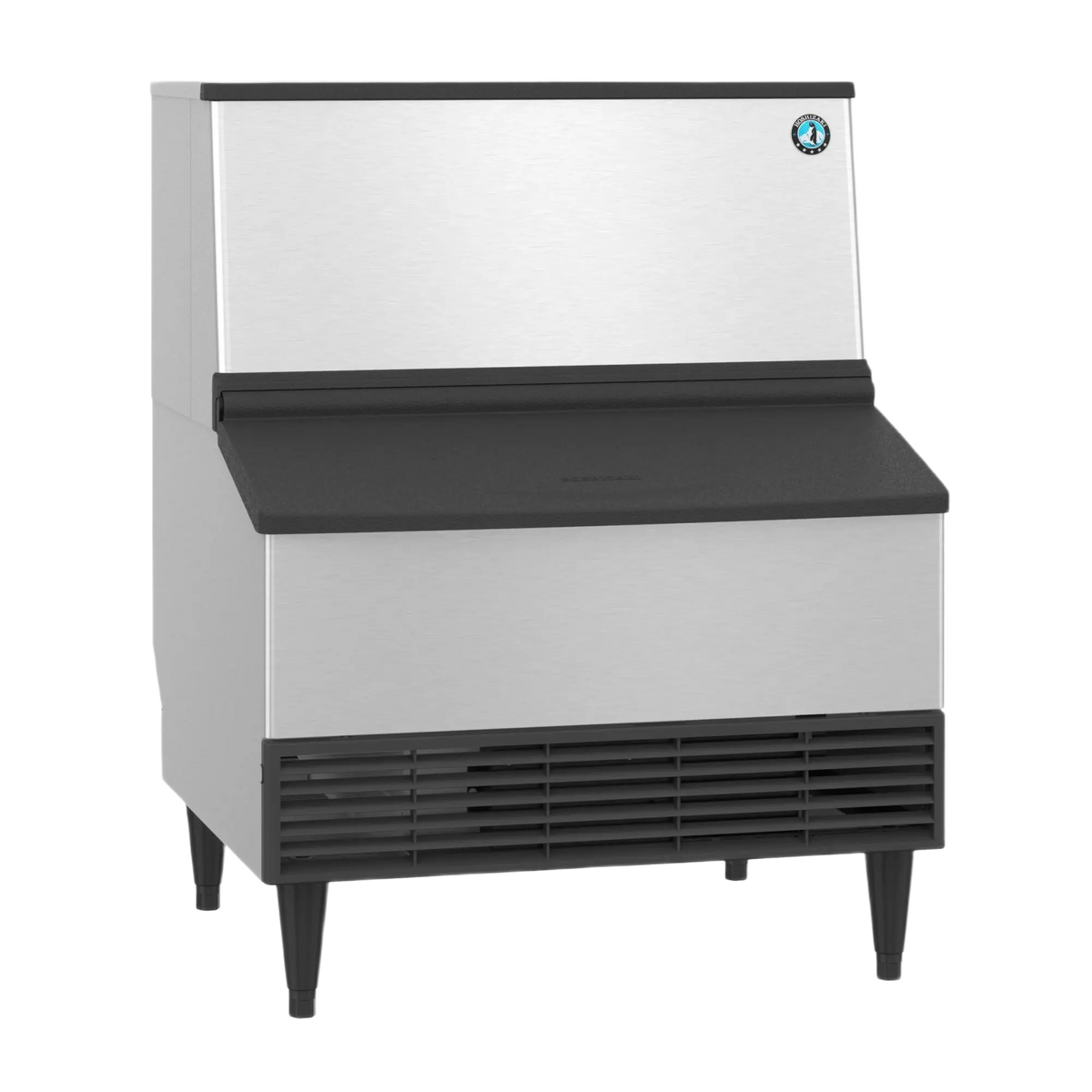 Ice machine with a white top and black sides on a white background