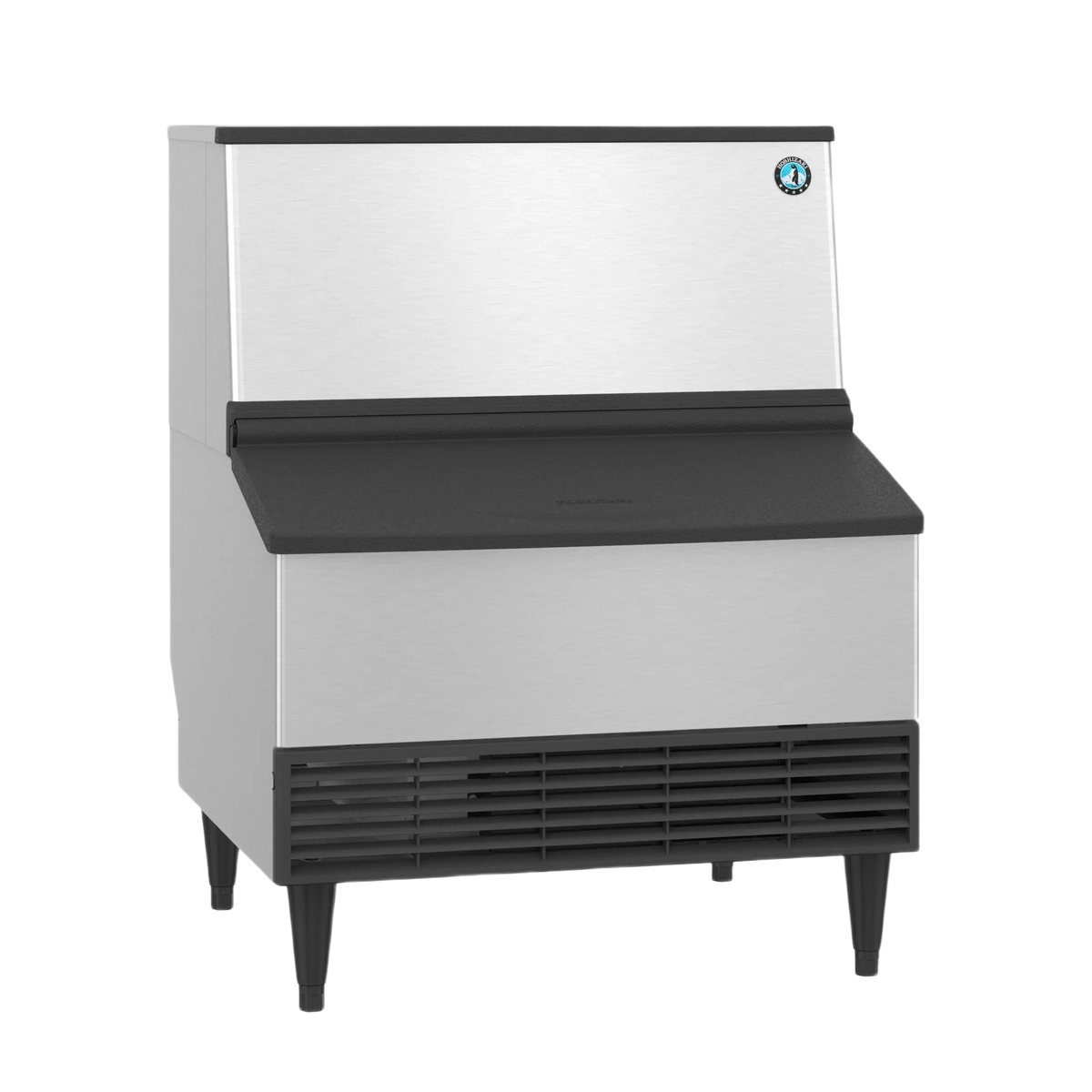 A commercial ice machine with a brushed stainless steel body, black top and front apron, black legs, and a vented black base grille, shown on a plain white background.
