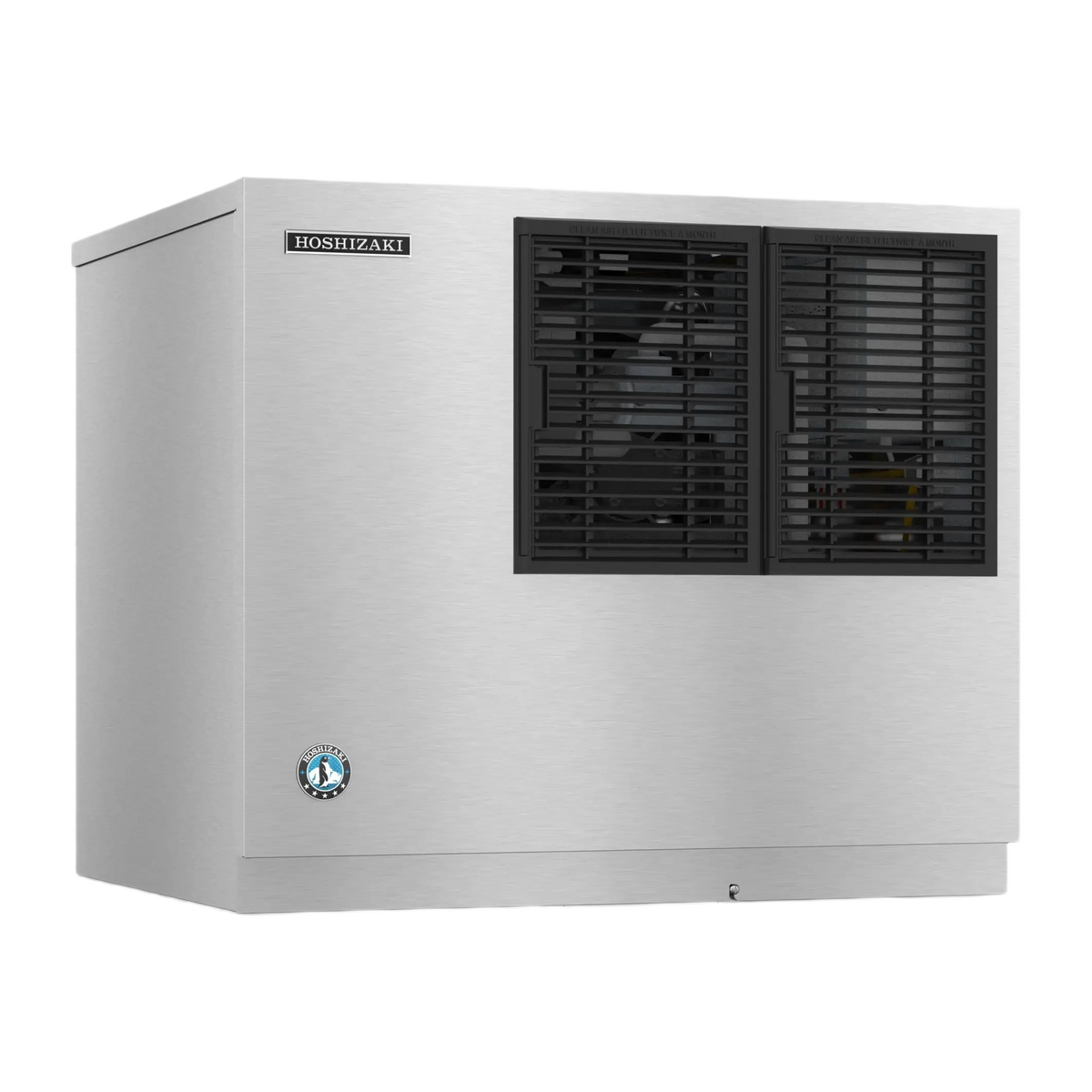 A Hoshizaki commercial ice machine in brushed stainless steel with black front ventilation grates, shown on a plain white background.