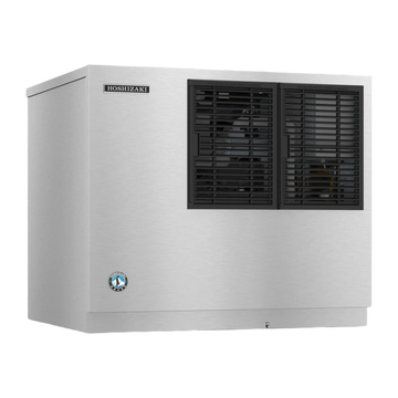 A Hoshizaki commercial ice machine in brushed stainless steel with black front ventilation grates, shown on a plain white background.