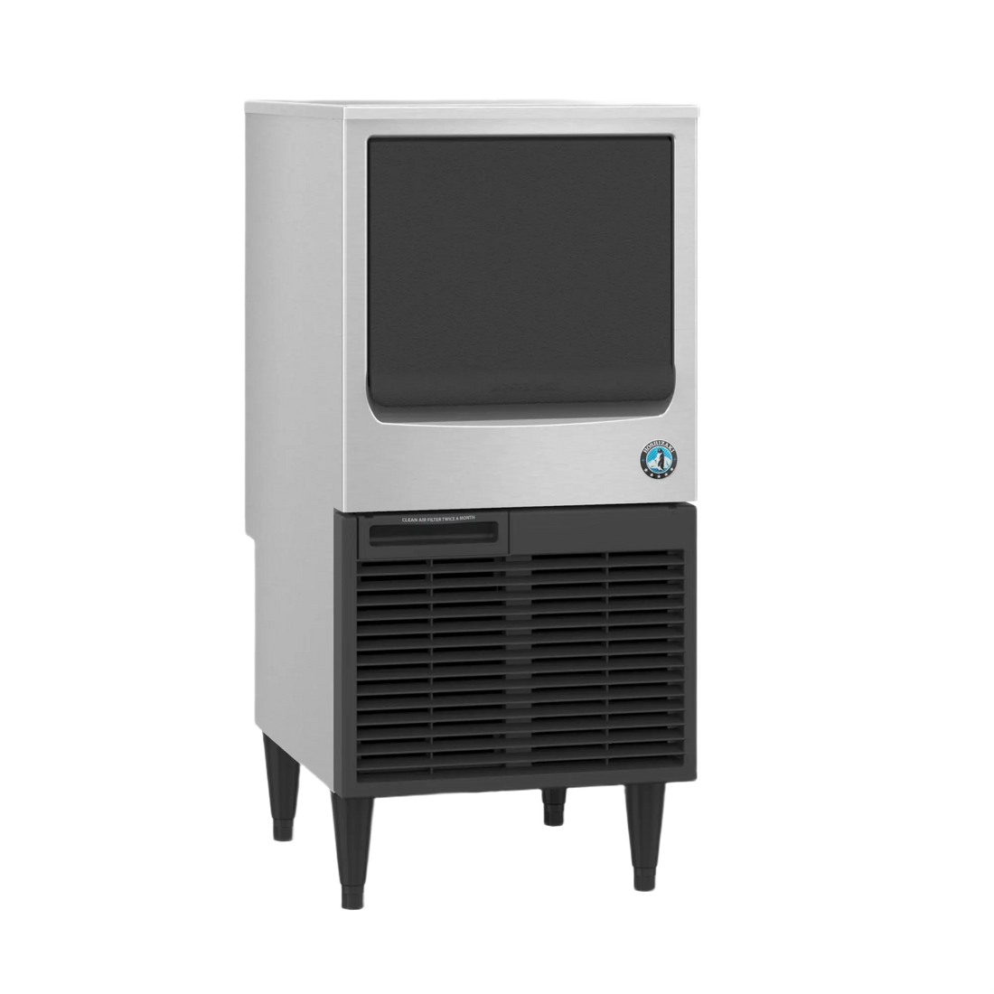 A commercial ice machine with a brushed silver metal body, black front display window, black lower vented section, and black legs, shown on a plain white background.