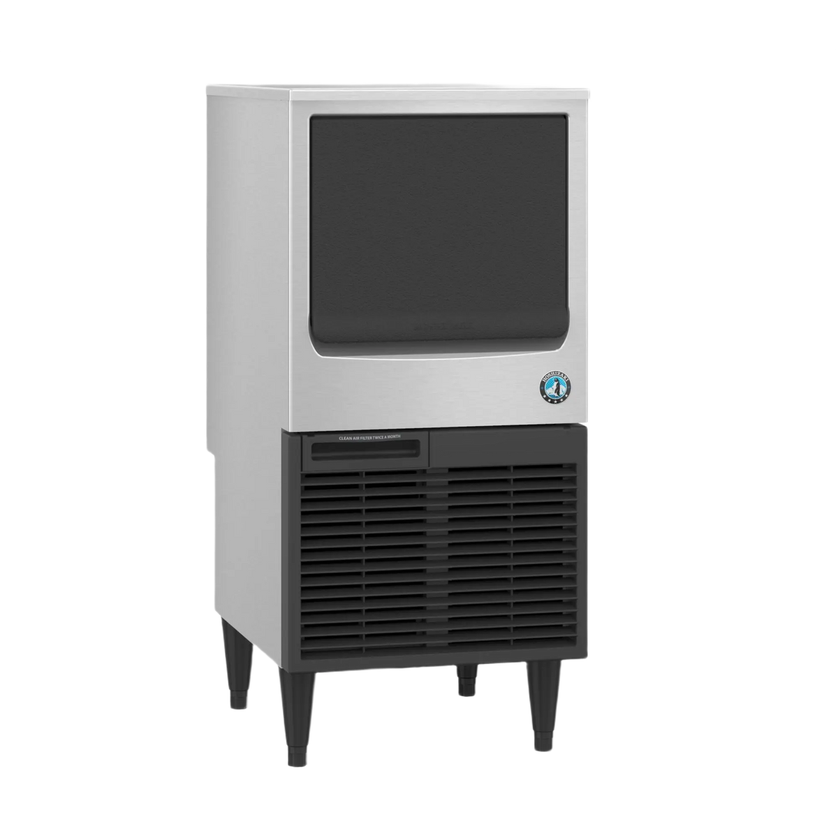 A commercial ice machine with a brushed silver metal body, black front display window, black lower vented section, and black legs, shown on a plain white background.