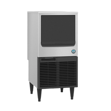 A commercial ice machine with a brushed silver metal body, black front display window, black lower vented section, and black legs, shown on a plain white background.