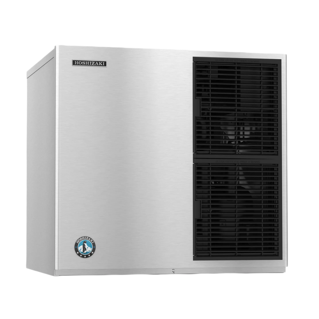 A Hoshizaki commercial ice machine with a brushed stainless steel exterior, featuring two black front cooling fans and a circular Energy Star badge on the lower left corner.