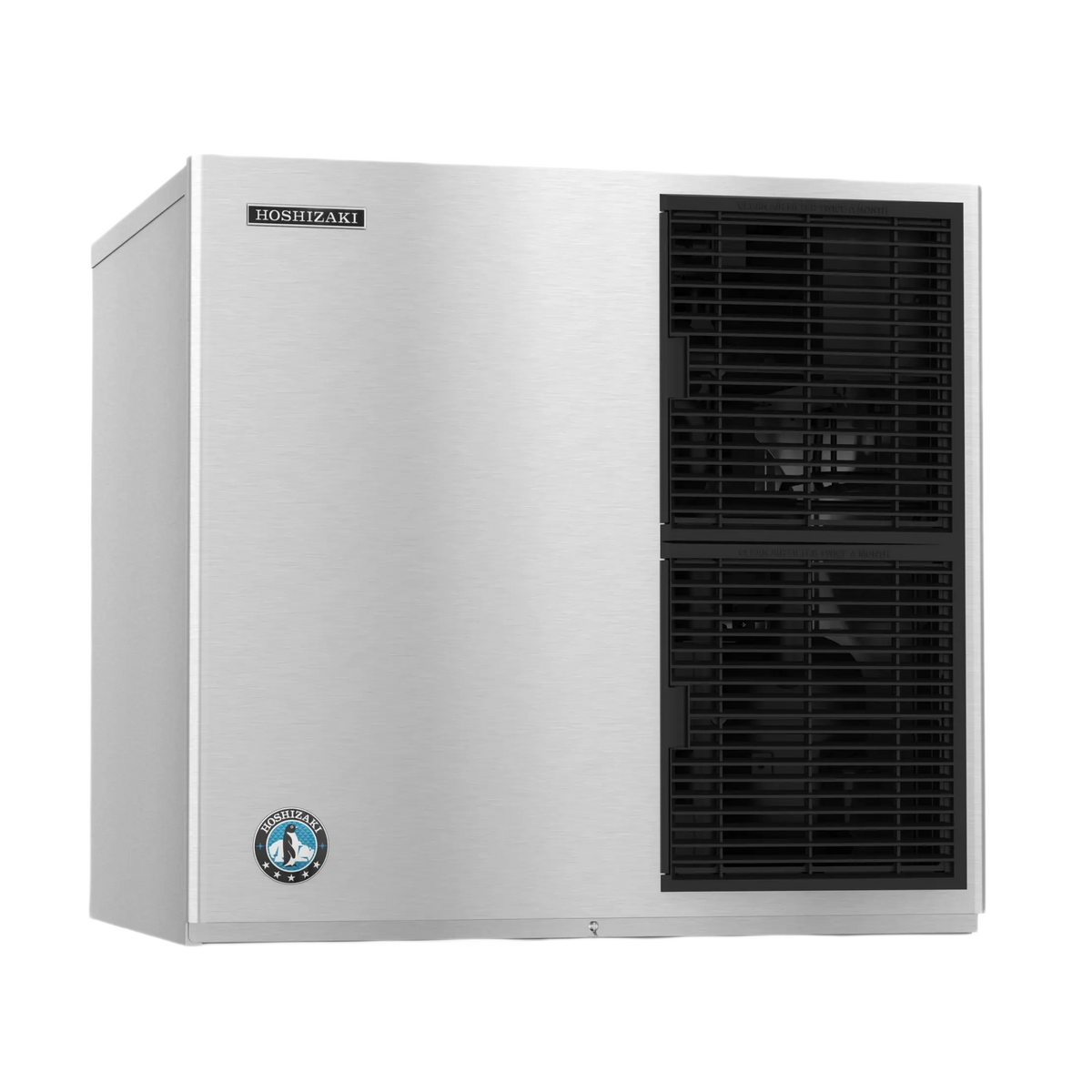 A Hoshizaki commercial ice machine with a brushed stainless steel exterior, featuring two black front cooling fans and a circular Energy Star badge on the lower left corner.