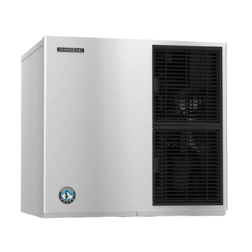 A Hoshizaki commercial ice machine with a brushed stainless steel exterior, featuring two black front cooling fans and a circular Energy Star badge on the lower left corner.