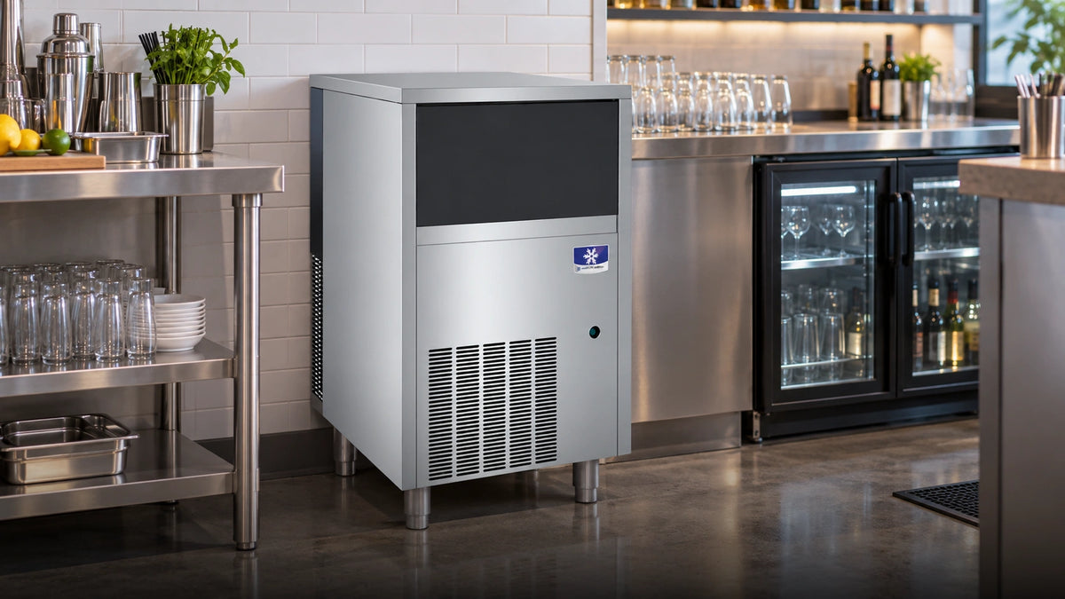 A stainless steel commercial ice machine standing in a kitchen or bar setting with stainless steel counters, glassware, and a black-framed glass-door refrigerator visible in the background.